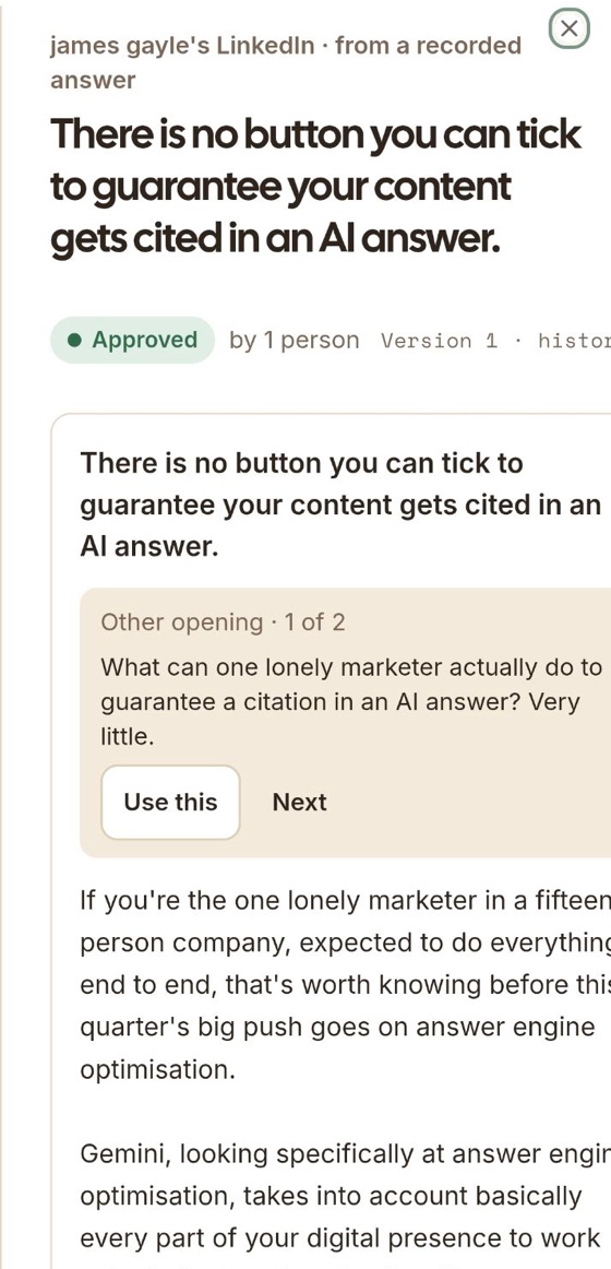Quotem on a phone: a LinkedIn post written from James's own recorded answer, marked approved